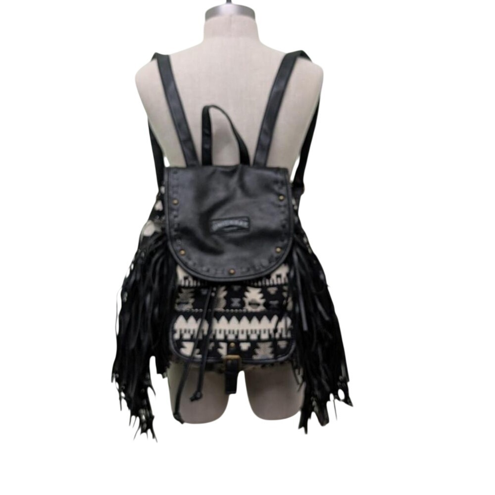 Union Bay black leather backpack with fringe and Aztec print